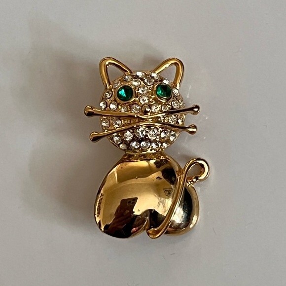 Kitty Cat Pin Brooch Rhinestones Gold Tone Metal - Picture 2 of 6